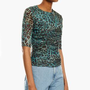 GUESS Short Sleeve Ruched Animal Print Malori Top Size M Green